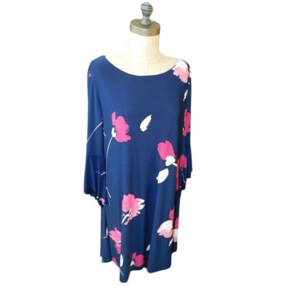 RAlph Lauren Size 16 Navy Blue Multi Flared Sleeve STRETCH Dress - Picture 1 of 3
